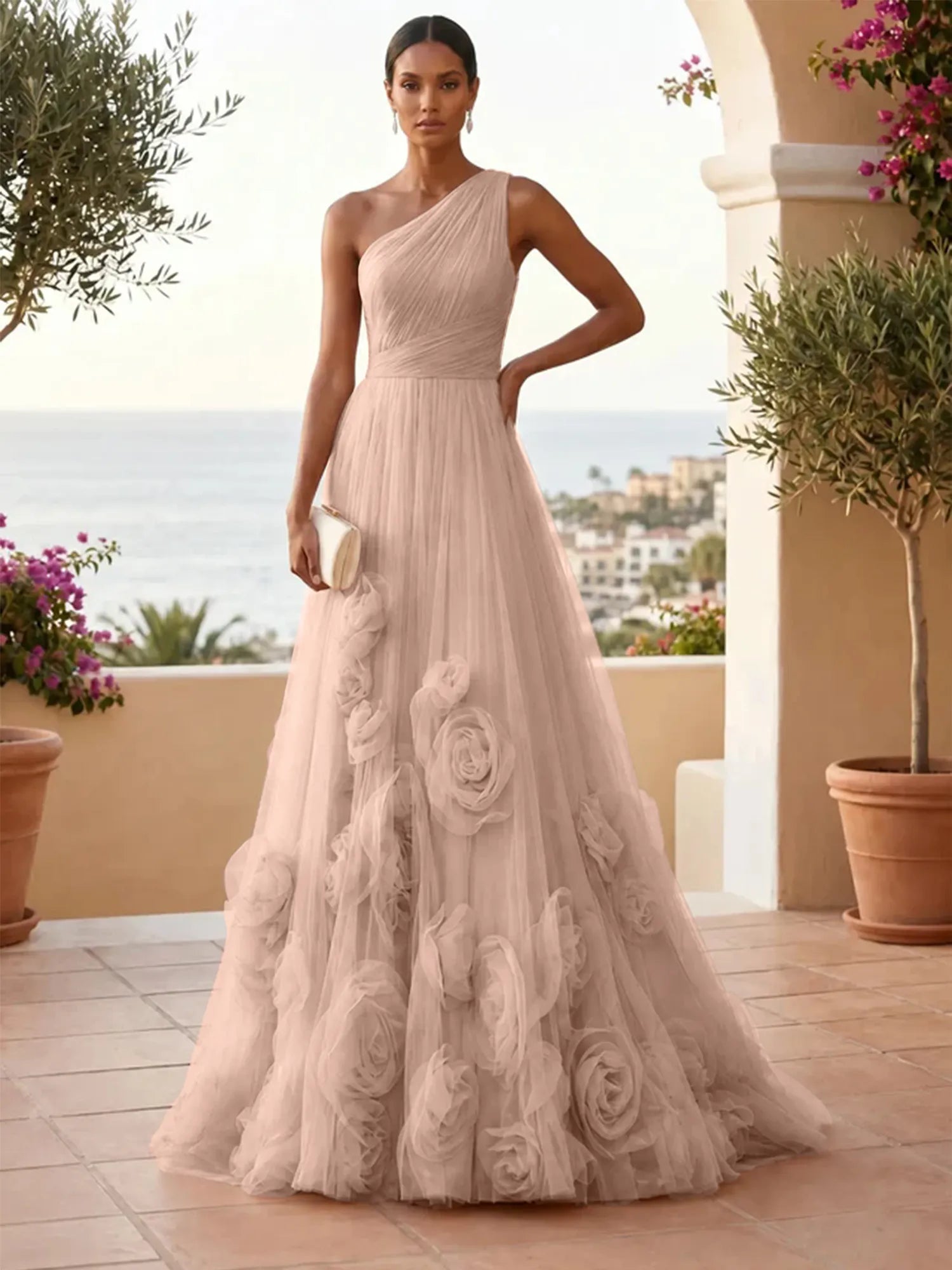 One-Shoulder Sweetheart Tulle Ball Gown with 3D Floral Accents Evening Dresses