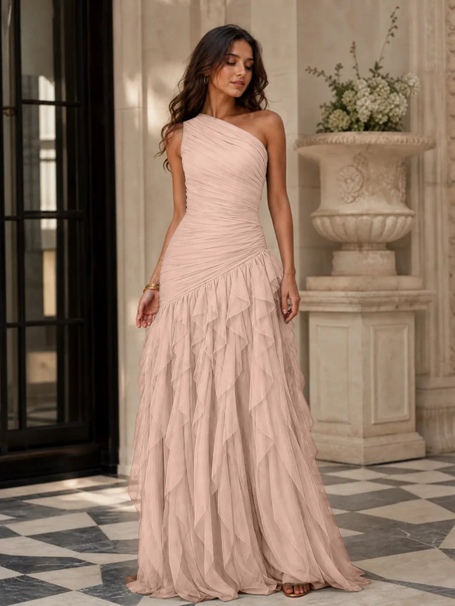 Emerald Green One-Shoulder Ruched Asymmetric Ruffle Chiffon Floor-Length Gown Dress