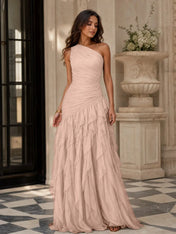 Emerald Green One-Shoulder Ruched Asymmetric Ruffle Chiffon Floor-Length Gown Dress