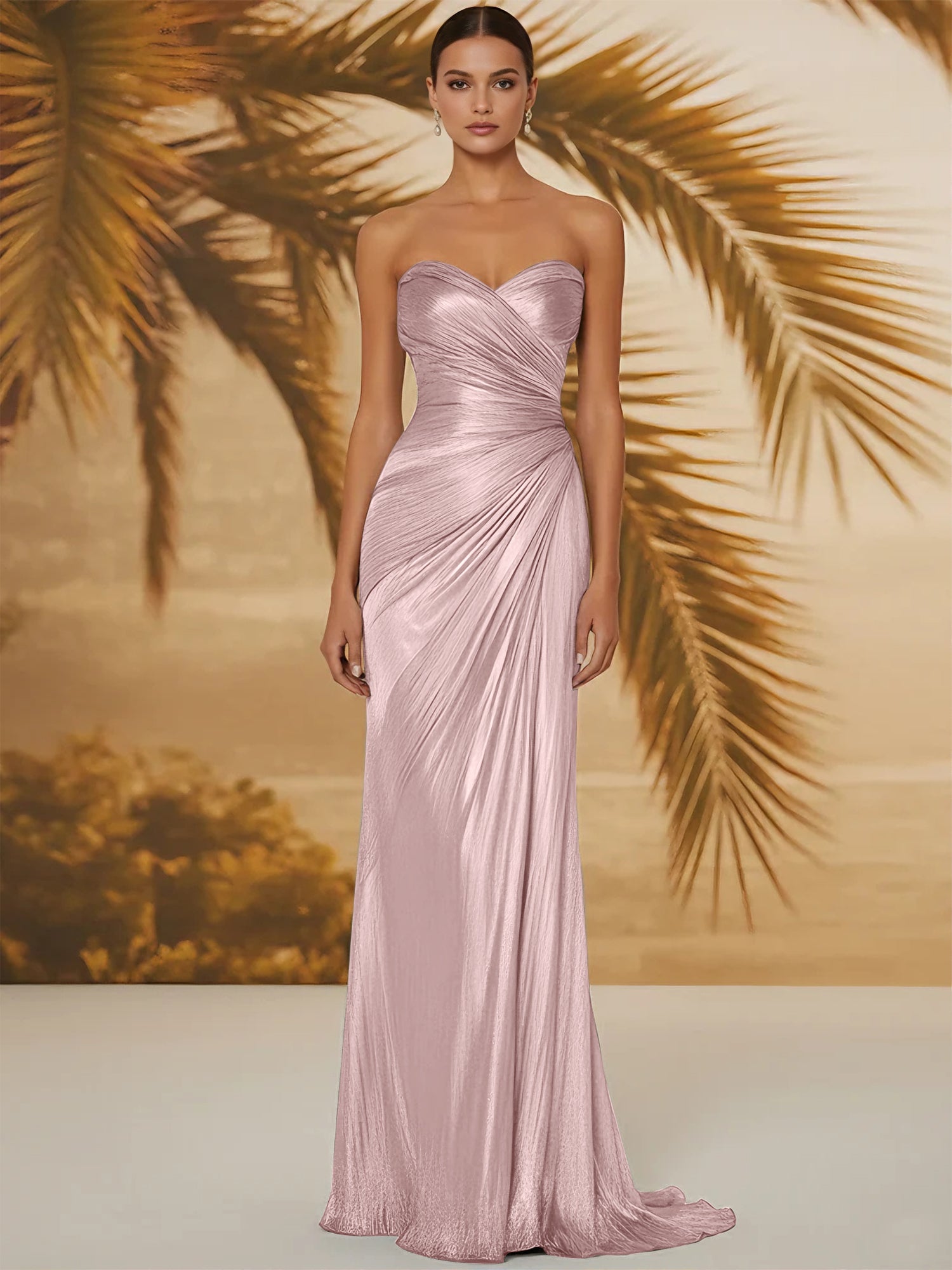 Evening Formal Dress V Neck Silk Ruffles Strapless Maxi Dress