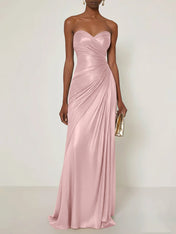 Evening Formal Dress V Neck Silver Silk Ruffles Strapless Maxi Dress