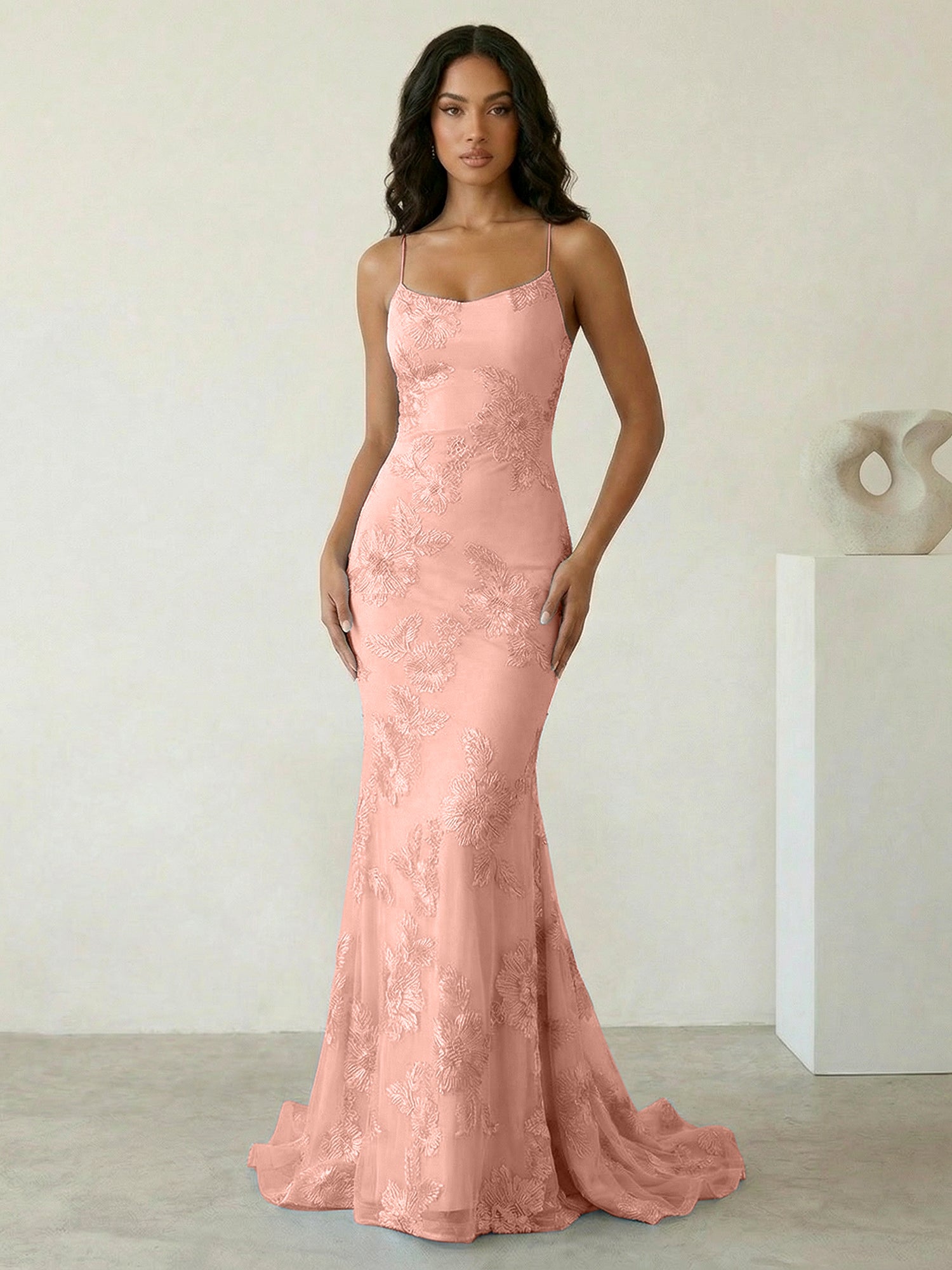 Light Blue Floral Embroidered Spaghetti Strap Prom Dresses