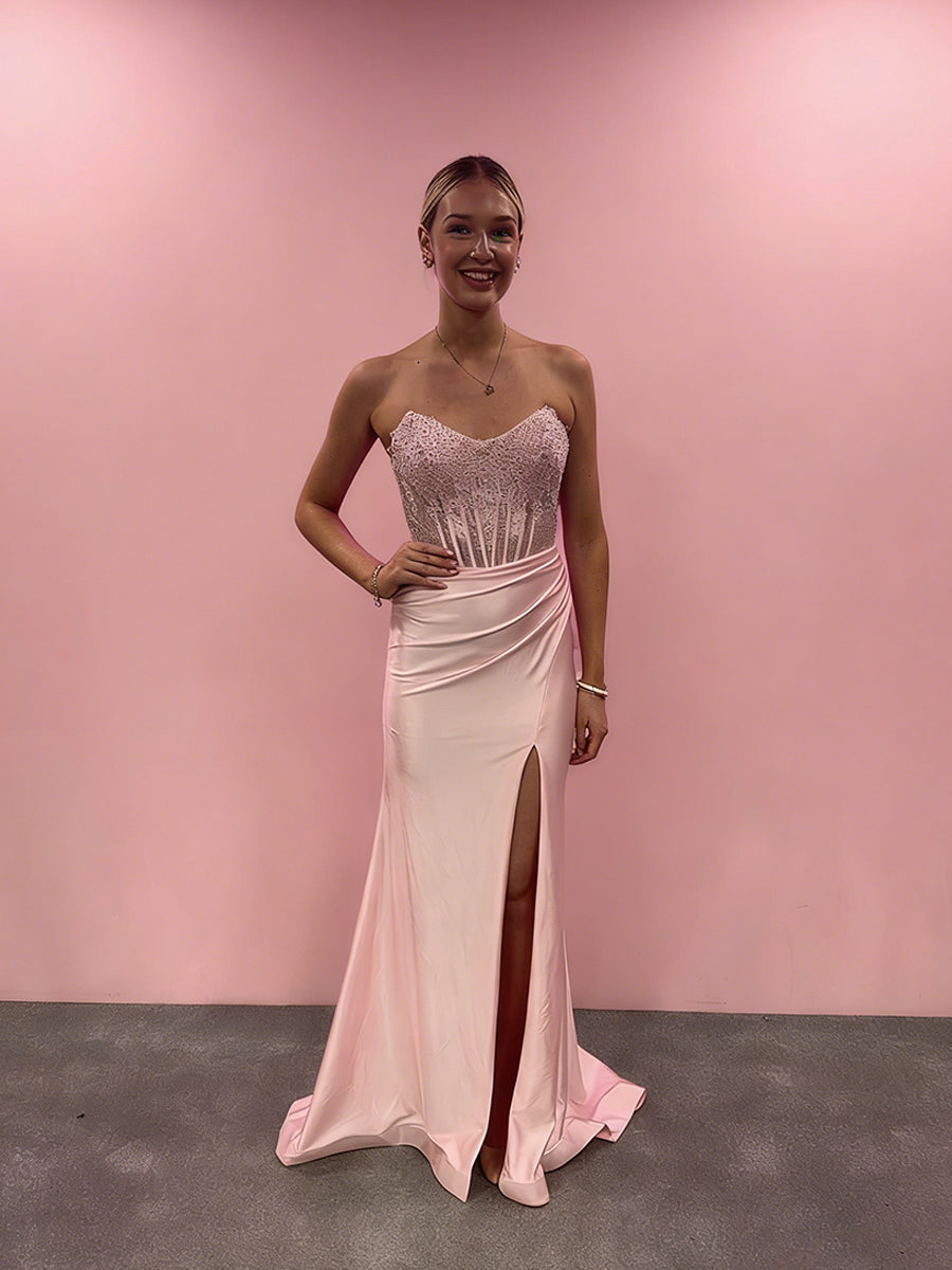 Blush Pink Strapless Corset Prom Dress with Thigh-High Slit