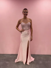 Blush Pink Strapless Corset Prom Dress with Thigh-High Slit