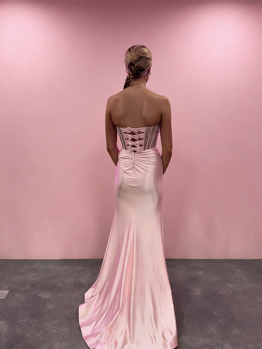 Blush Pink Strapless Corset Prom Dress with Thigh-High Slit