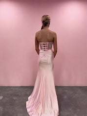 Blush Pink Strapless Corset Prom Dress with Thigh-High Slit