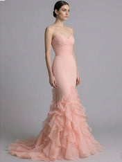 Blush Pink Strapless Ruffled Mermaid Long Prom Dress