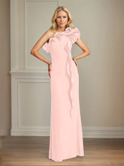 Navy Stretch Crepe Sheath/Column One Shoulder Floor Length Mother of the Bride Dresses With Ruffles
