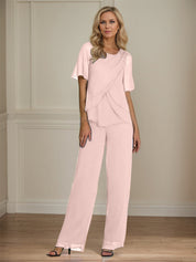 2 Piece Jumpsuit / Pantsuit Crew Neck Floor Length Chiffon Mother of the Bride Dress
