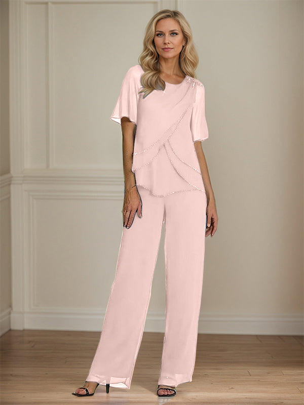 Pantsuit Crew Neck Floor Length Chiffon Mother of the Bride Dress