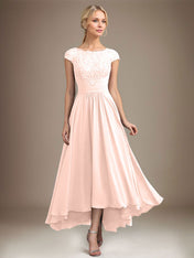 A-line Scoop Illusion Asymmetrical Lace Chiffon Mother of the Bride Dress With Pleated