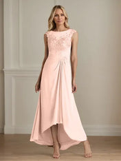 Champagne A-Line Scoop Lace Chiffon Dress