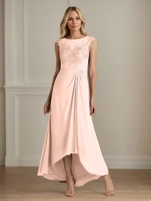 Champagne A-Line Scoop Lace Chiffon Dress