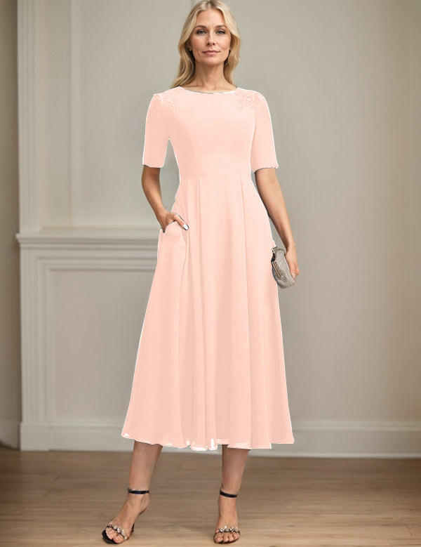 A-line Scoop Tea-Length Chiffon Mother of the Bride Dress With Appliques Lace Sequins