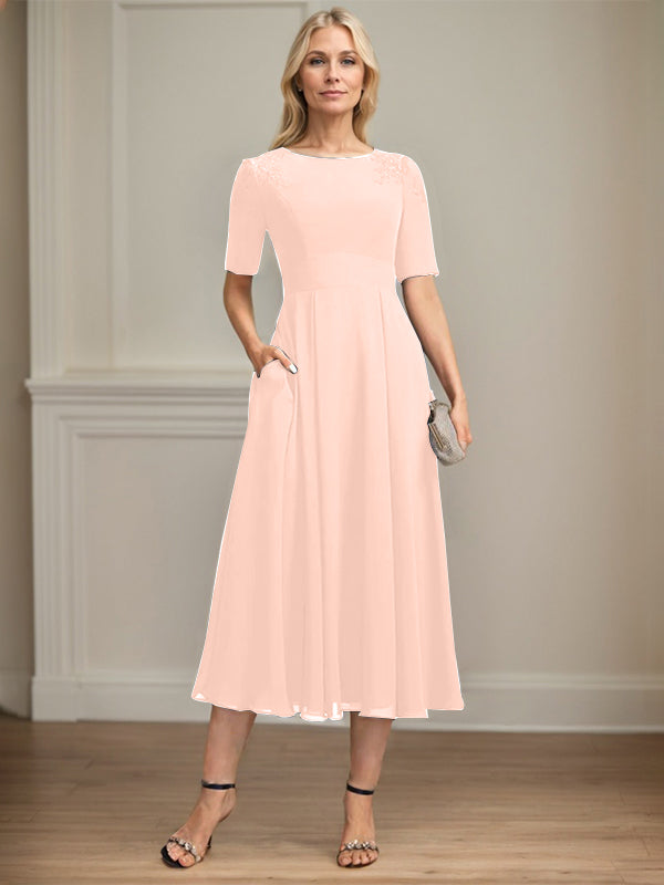 A-line Scoop Tea-Length Chiffon Mother of the Bride Dress With Appliques Lace Sequins