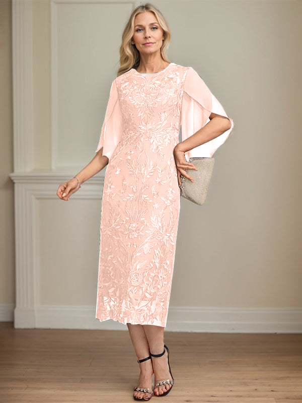 Column Scoop Tea-Length Lace Chiffon Mother of the Bride Dress