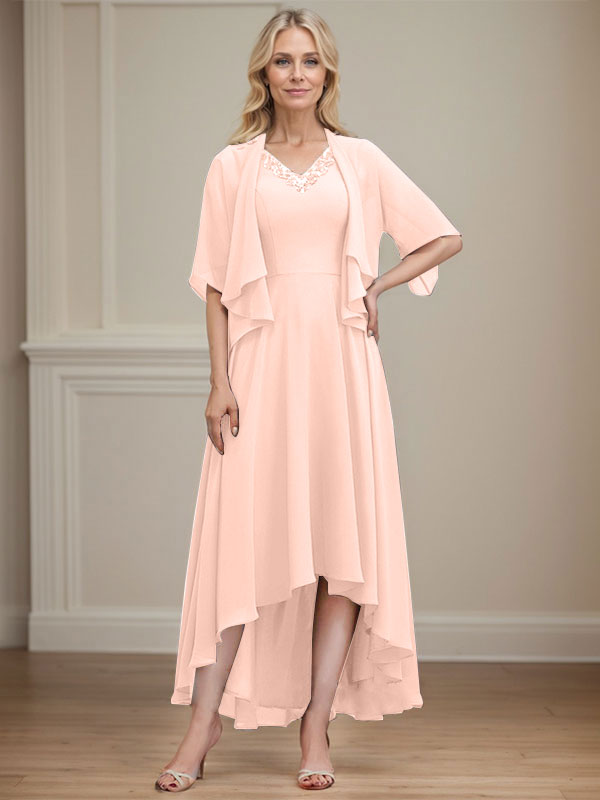 A-line V-Neck Asymmetrical Chiffon Mother of the Bride Dress With Beading Sequins