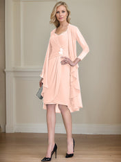 Sheath/Column Sweetheart Knee-Length Chiffon Mother of the Bride Dress With Beading Appliques Lace Sequins Pleated