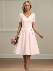 Blushing Pink A-line V-Neck Tea-Length Chiffon Lace Mother of the Bride Dress