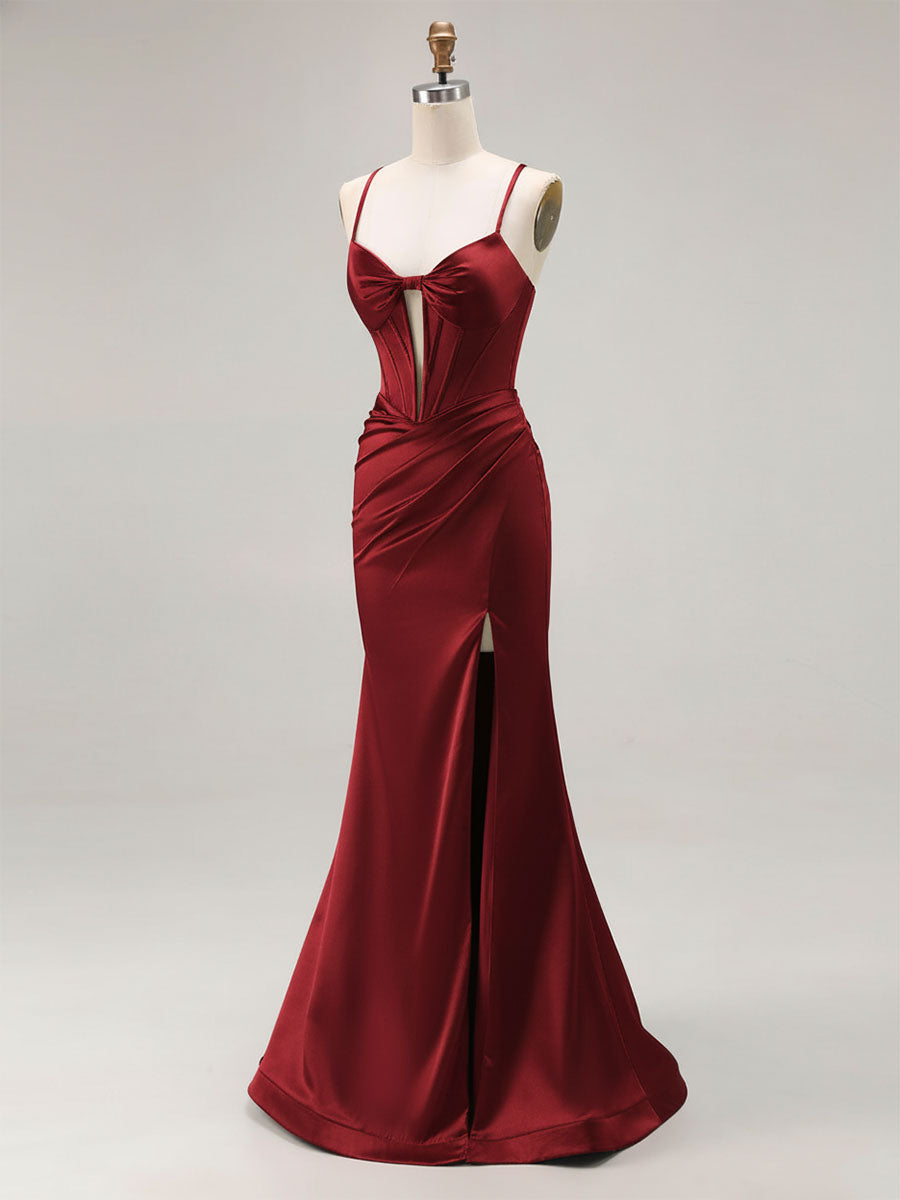 Pink Mermaid Cut-Out Satin Long Prom Dress with Slit