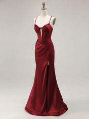 Pink Mermaid Cut-Out Satin Long Prom Dress with Slit