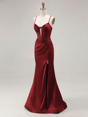 Pink Mermaid Cut-Out Satin Long Prom Dress with Slit