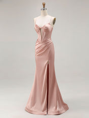Pink Mermaid Cut-Out Satin Long Prom Dress with Slit