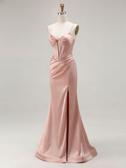 Pink Mermaid Cut-Out Satin Long Prom Dress with Slit