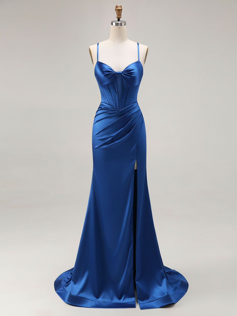 Pink Mermaid Cut-Out Satin Long Prom Dress with Slit