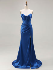 Pink Mermaid Cut-Out Satin Long Prom Dress with Slit