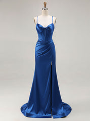 Pink Mermaid Cut-Out Satin Long Prom Dress with Slit