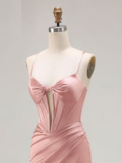 Pink Mermaid Cut-Out Satin Long Prom Dress with Slit