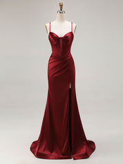 Pink Mermaid Cut-Out Satin Long Prom Dress with Slit