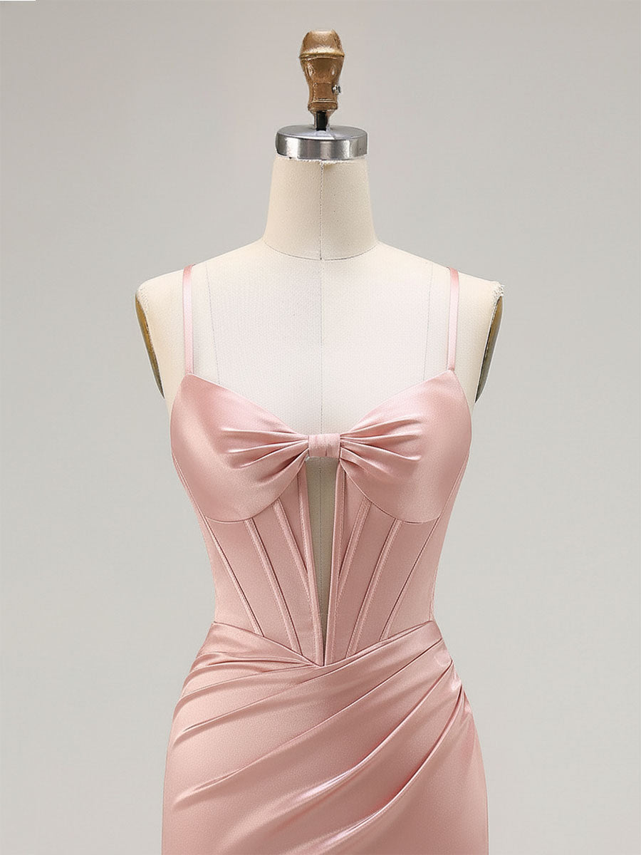 Pink Mermaid Cut-Out Satin Long Prom Dress with Slit