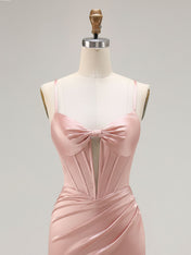 Pink Mermaid Cut-Out Satin Long Prom Dress with Slit