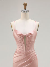 Pink Mermaid Cut-Out Satin Long Prom Dress with Slit