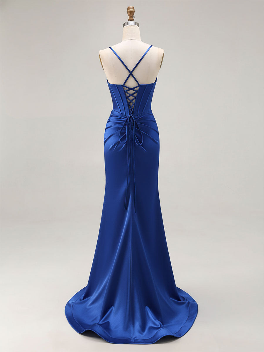 Pink Mermaid Cut-Out Satin Long Prom Dress with Slit