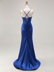 Pink Mermaid Cut-Out Satin Long Prom Dress with Slit