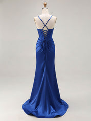 Pink Mermaid Cut-Out Satin Long Prom Dress with Slit