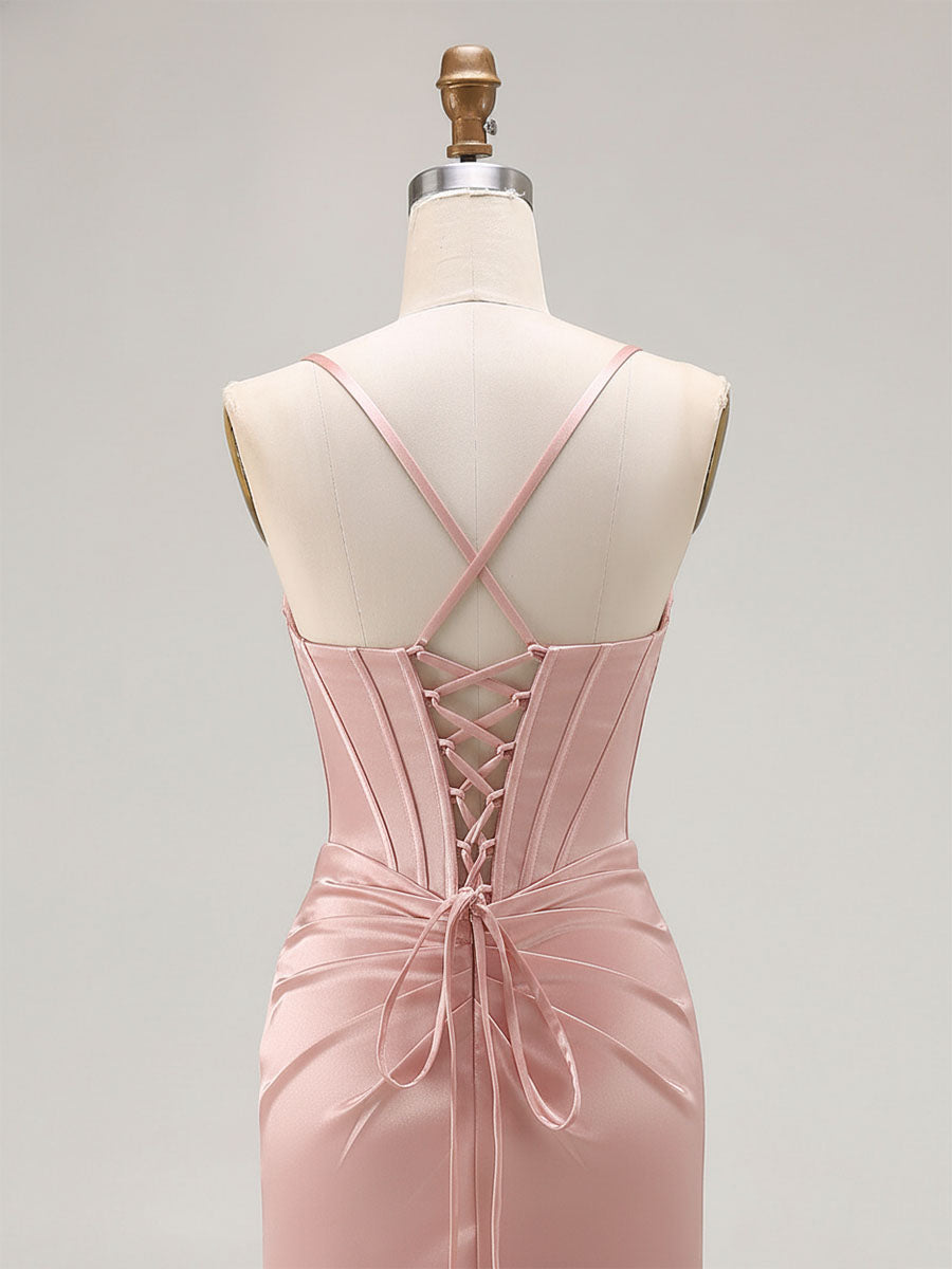 Pink Mermaid Cut-Out Satin Long Prom Dress with Slit