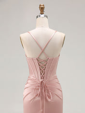 Pink Mermaid Cut-Out Satin Long Prom Dress with Slit
