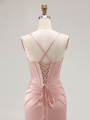 Pink Mermaid Cut-Out Satin Long Prom Dress with Slit