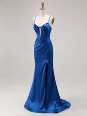 Pink Mermaid Cut-Out Satin Long Prom Dress with Slit