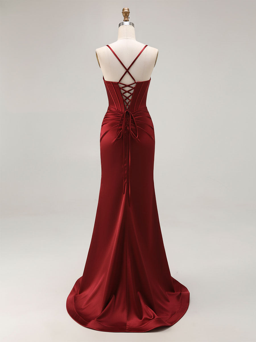 Pink Mermaid Cut-Out Satin Long Prom Dress with Slit