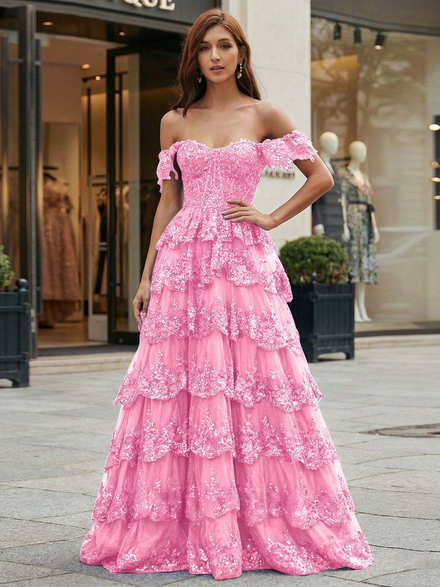 Royal Blue Off-the-Shoulder Sequin Lace Tiered Corset Prom Dress