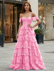 Royal Blue Off-the-Shoulder Sequin Lace Tiered Corset Prom Dress