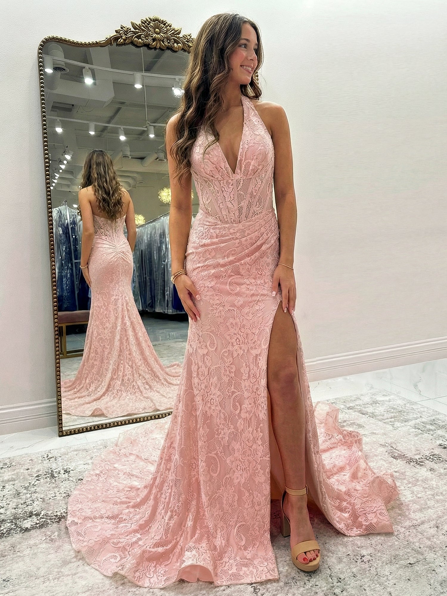 Black Mermaid Lace Halter Long Prom Dress with Slit