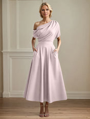 A Line Satin One Shoulder Pleated Ankle Length Mother of the Bride Dress