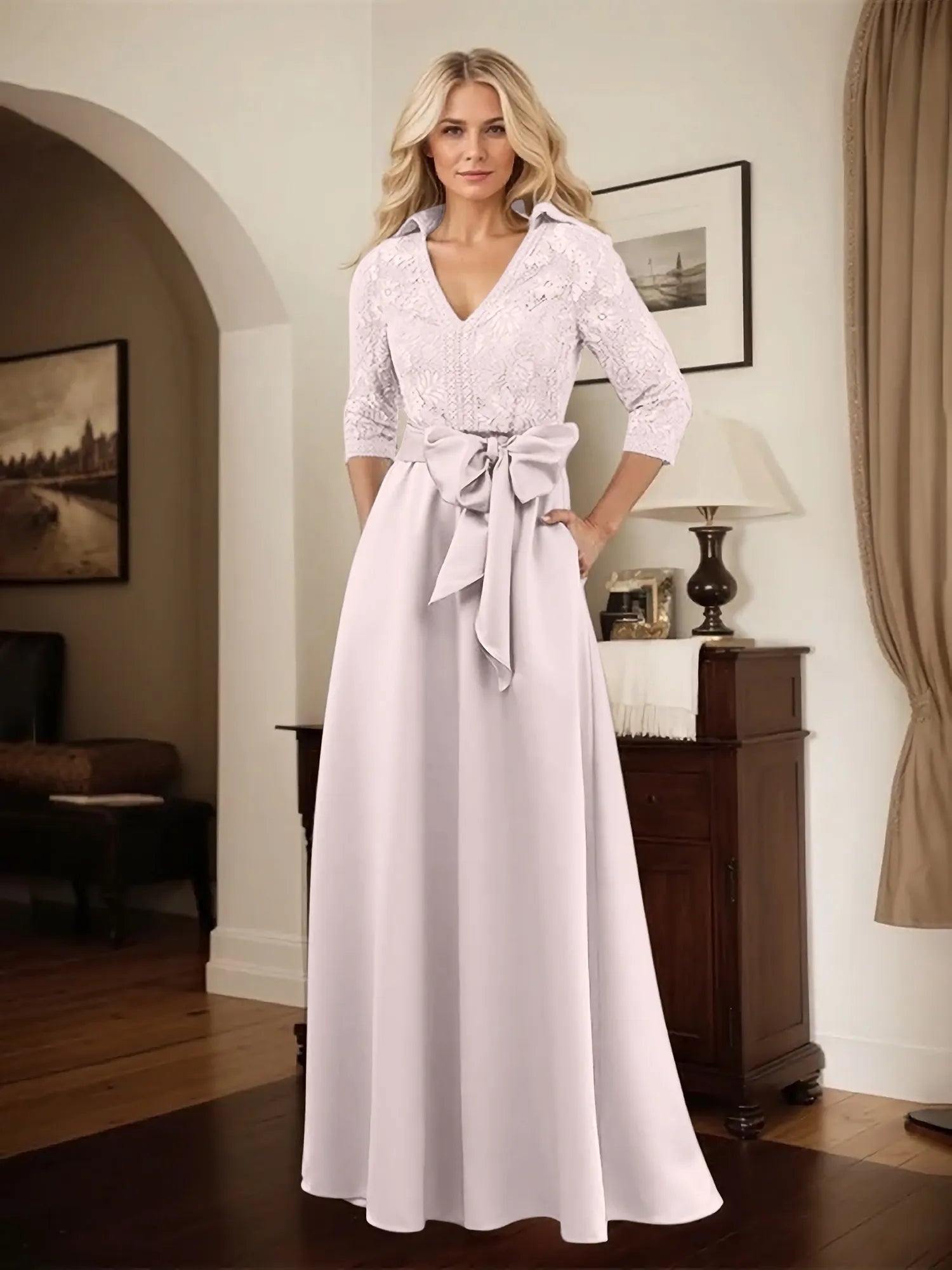 Classic V-Neck Bow Accented Satin Mother Of The Bride Dress With Lace