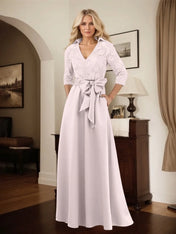 Classic V-Neck Bow Accented Satin Mother Of The Bride Dress With Lace